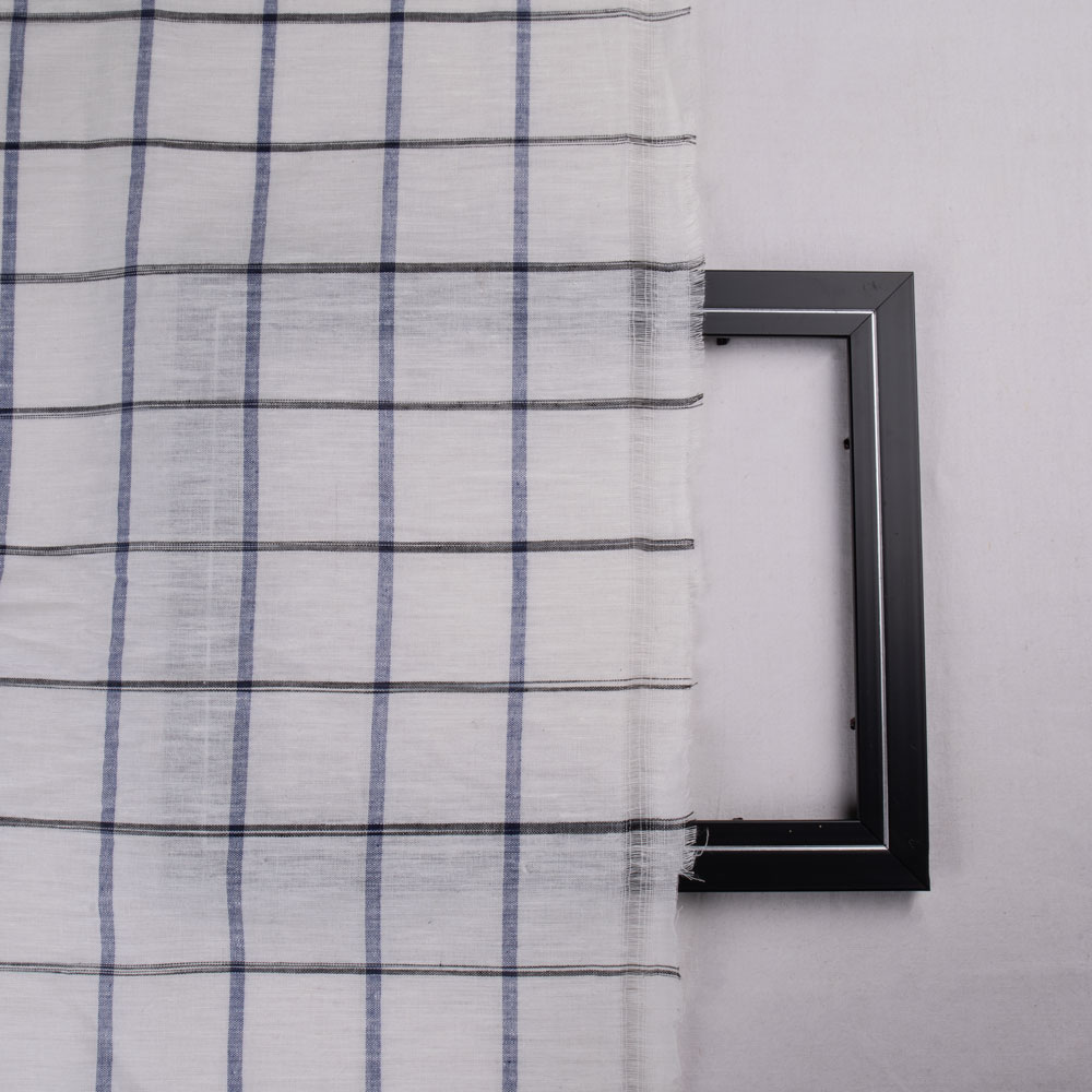 CHECK WHITE BLUE & BLACK LINEN COTTON 121 GSM HANDWOVEN FABRIC