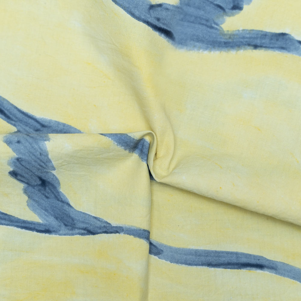 Abstract Yellow & Blue Screenprinted Pure Cotton 135 GSM Handwoven Fabric