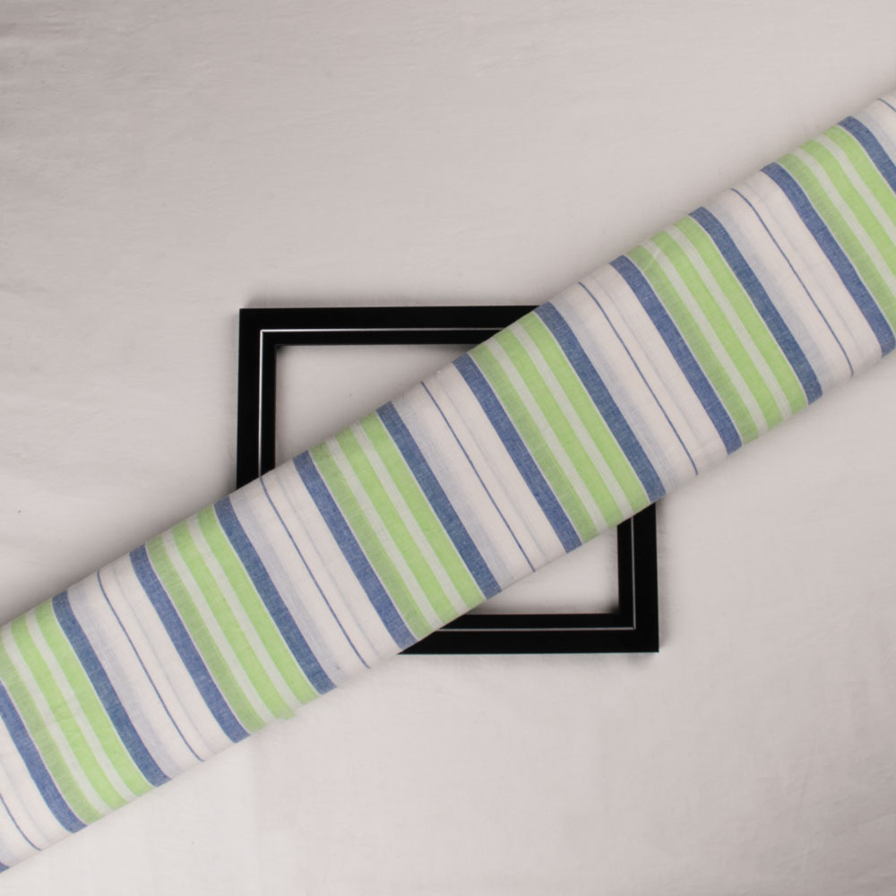 Stripe White Blue & Green Pure Cotton 92 GSM Handwoven Fabric
