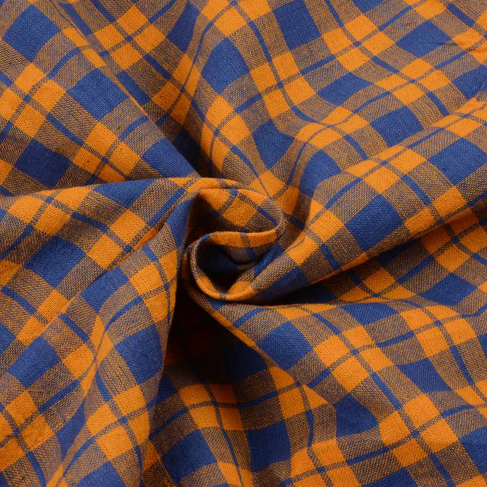 Check Orange & Blue Pure Cotton 97 GSM Handwoven Fabric