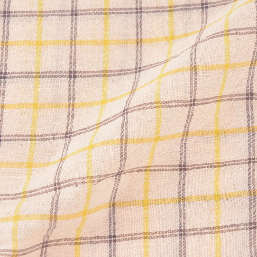 CHECK YELLOW BLACK & PEACH 61 GSM HANDWOVEN COTTON FABRIC