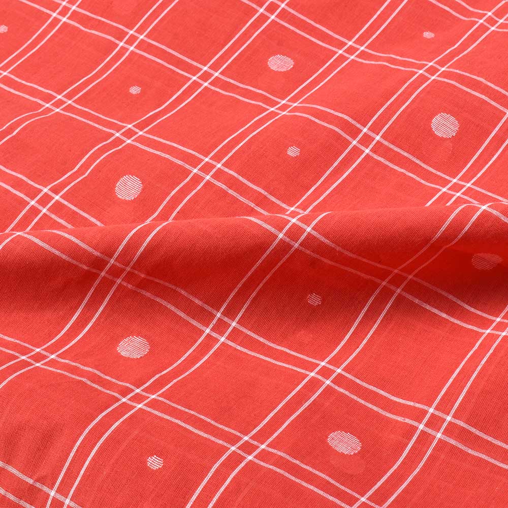 CHECK RED & WHITE GEOMETRIC JAMDANI PURE COTTON 58 GSM HANDWOVEN FABRIC