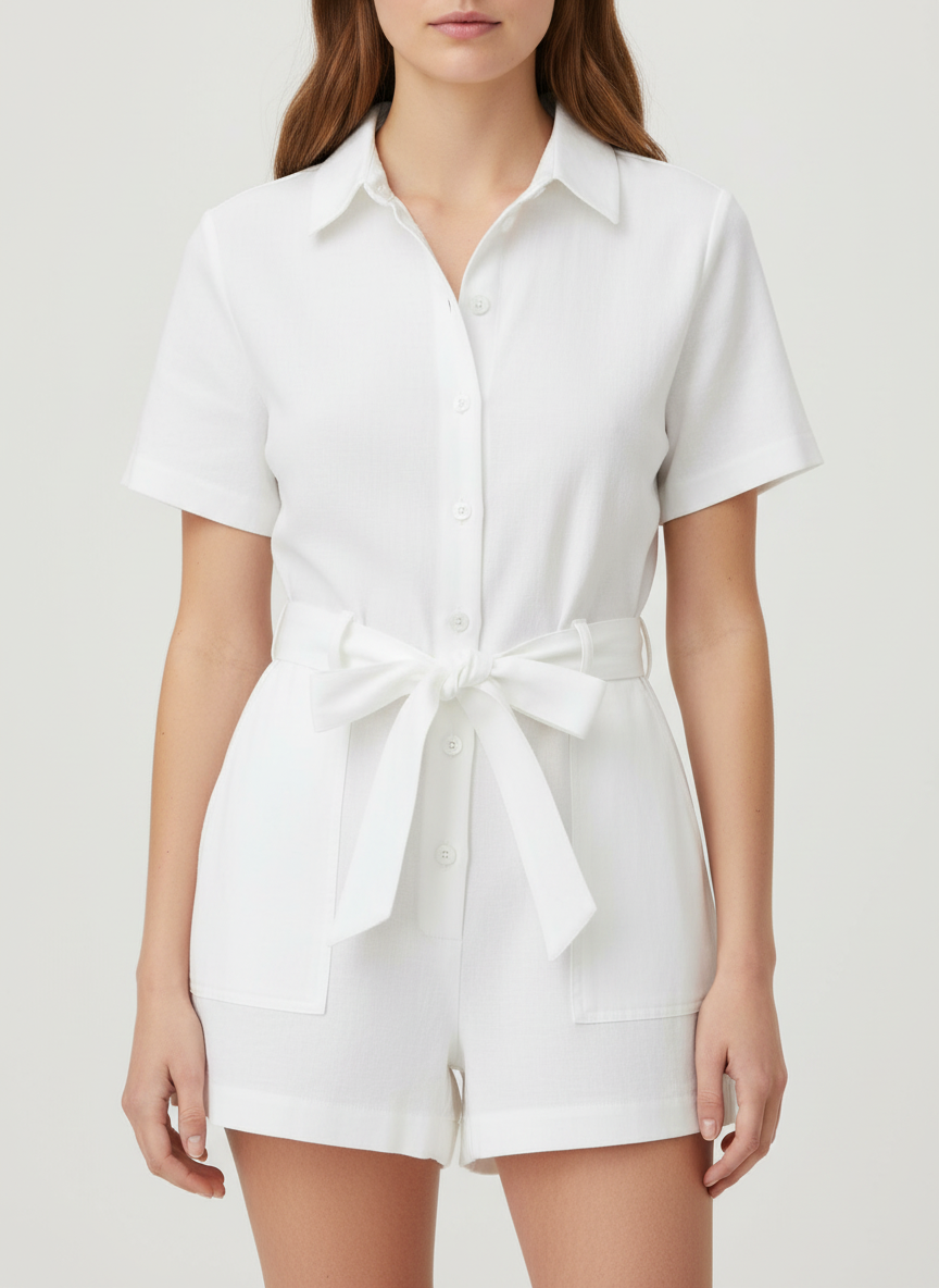 Buttoned Romper With Waist Tie