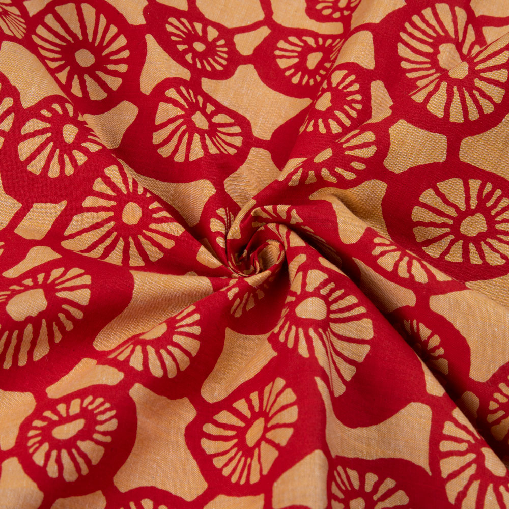 Abstract Red & Peach Screenprinted Cotton Khadi 90 GSM Handwoven Fabric