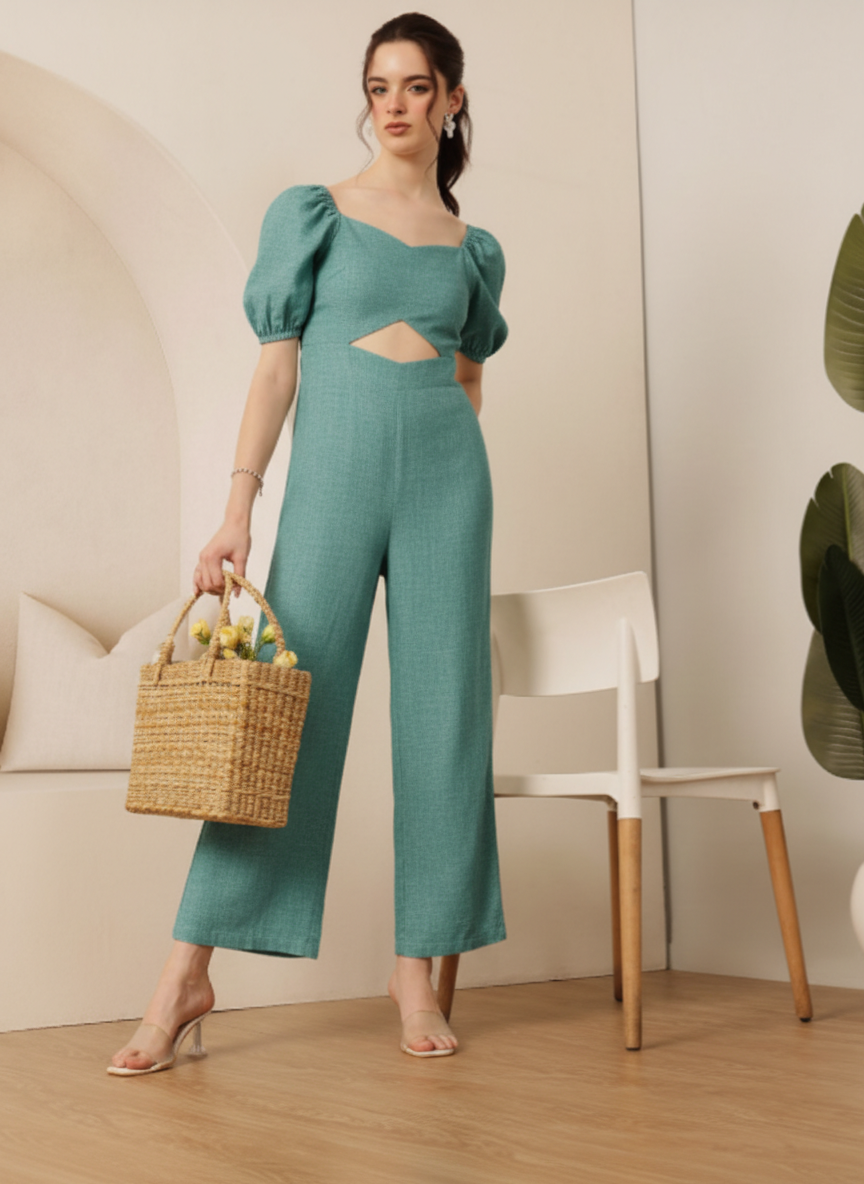 Puffed Sleeves & Cutout Jumpsuit