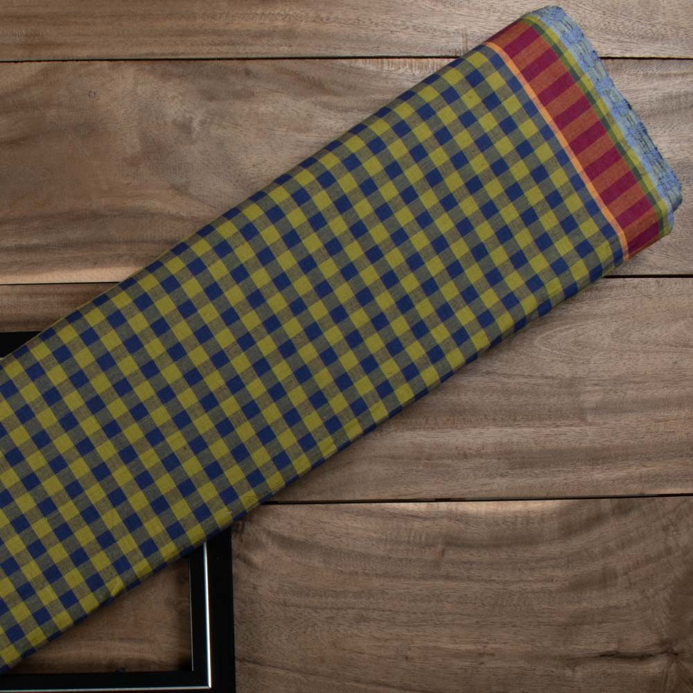 Check Blue & Olive Pure Cotton 75 GSM Handwoven Fabric