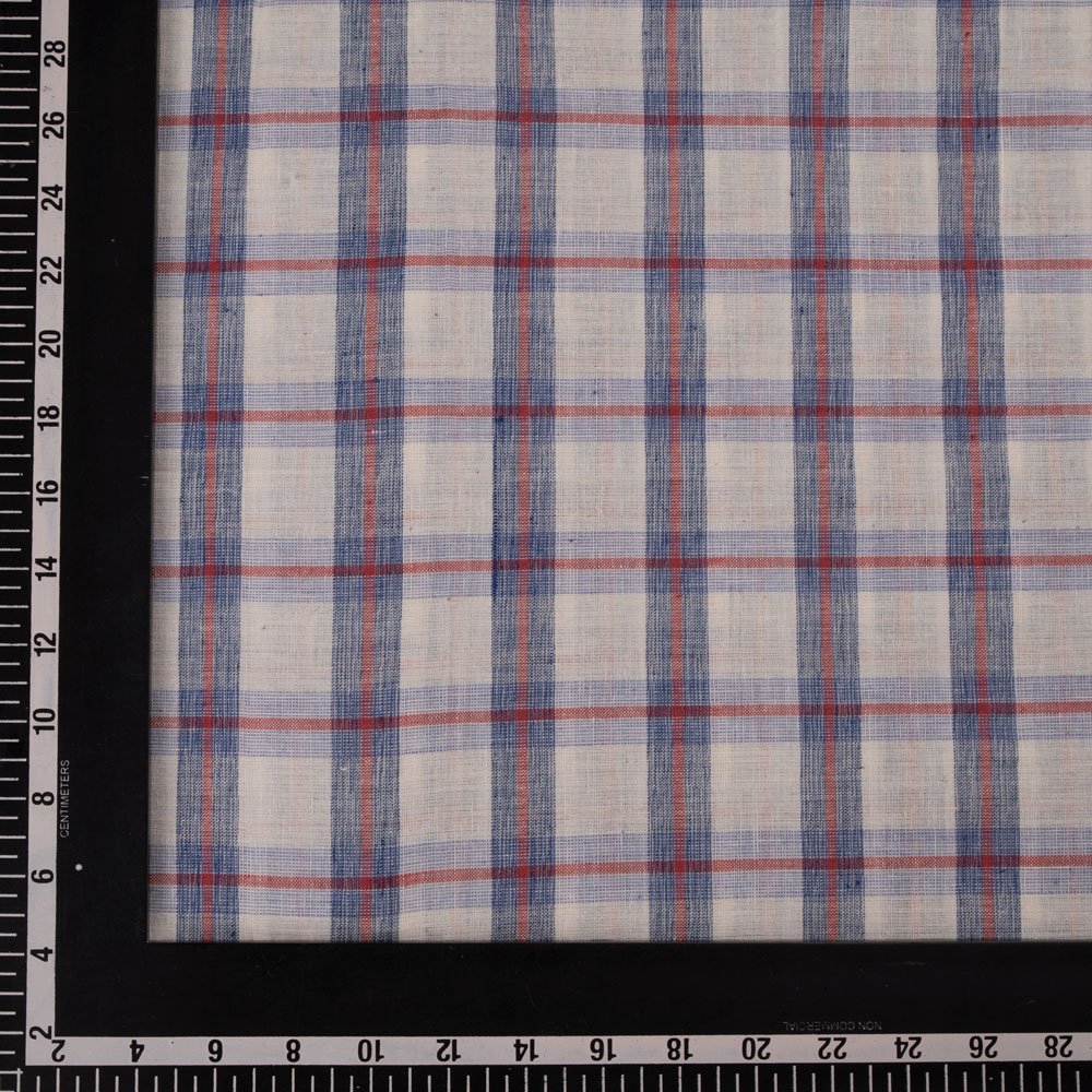 CHECK WHITE BLUE & RED KHADI COTTON 100 GSM HANDWOVEN FABRIC