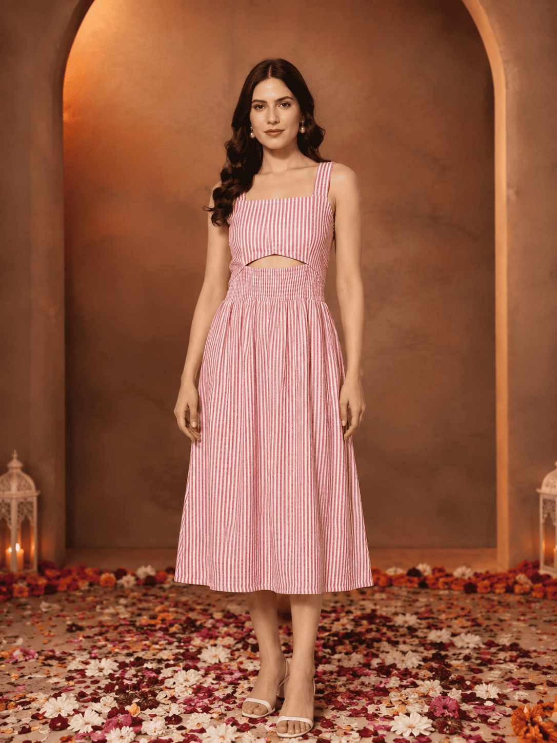 Gathered Knee Length Dress With Waist Cutout