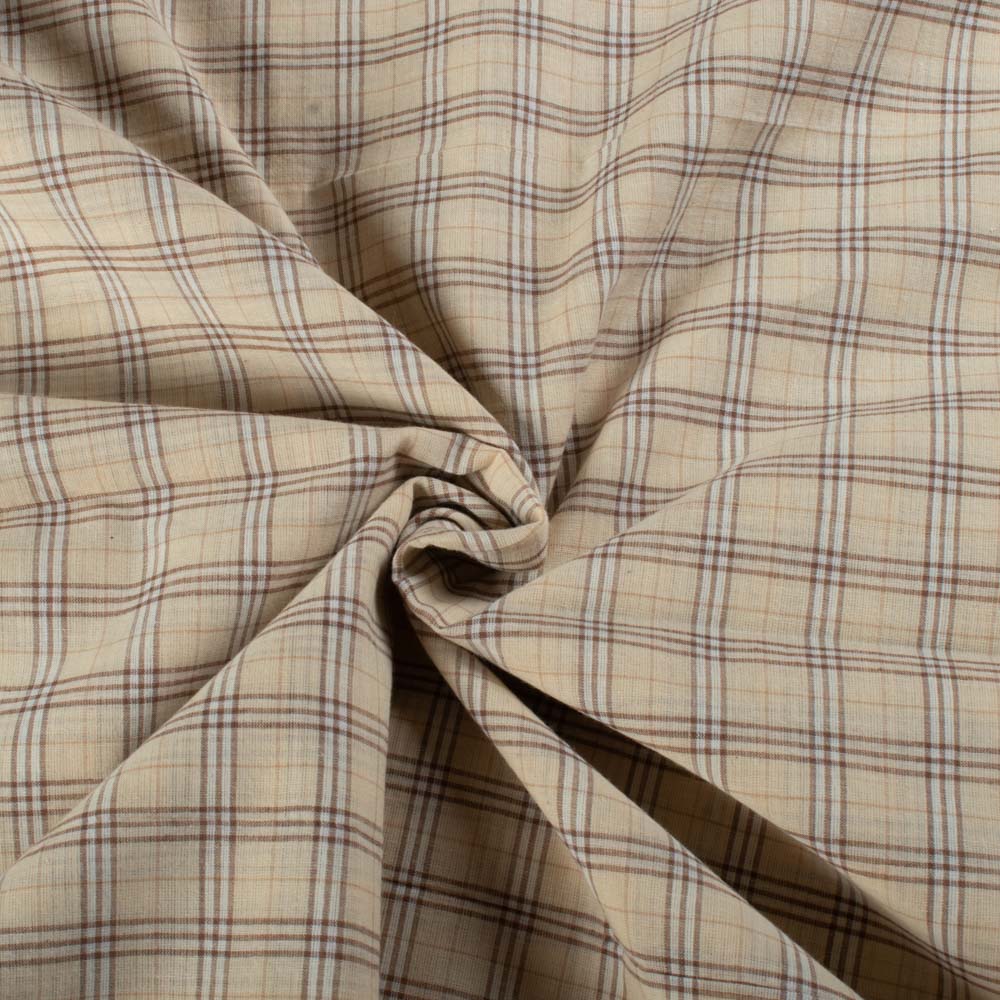 Check Creem Brown White Pure Cotton 60 GSM Handwoven Fabric