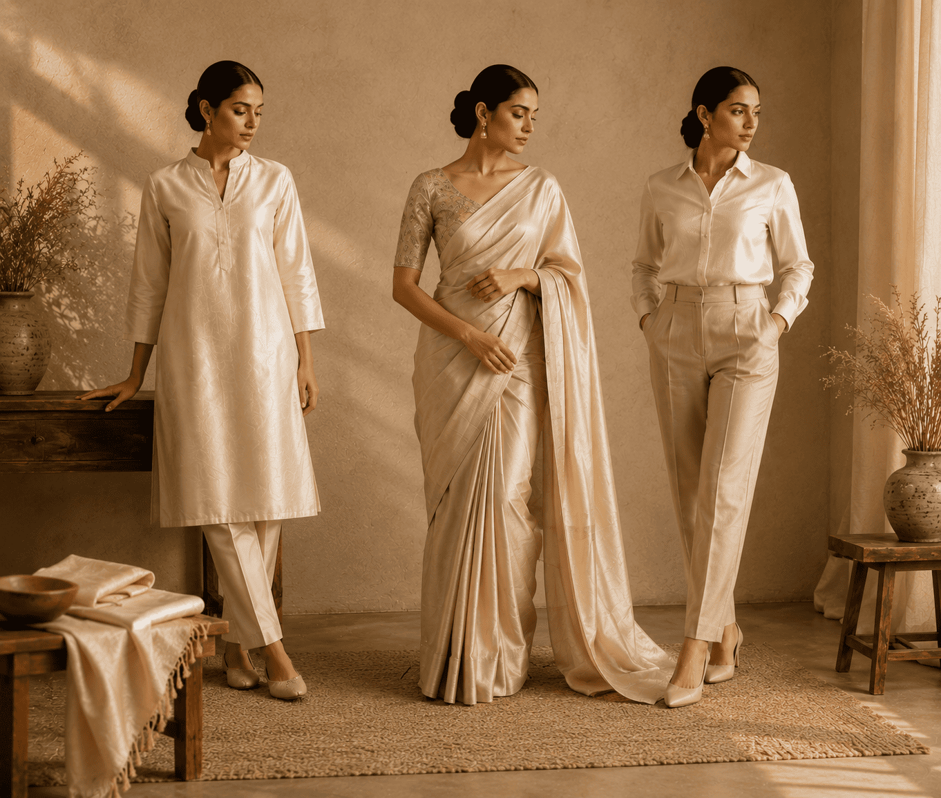 Raw silk outfits for women featuring a handloom saree, kurta, and contemporary shirt in premium raw silk.