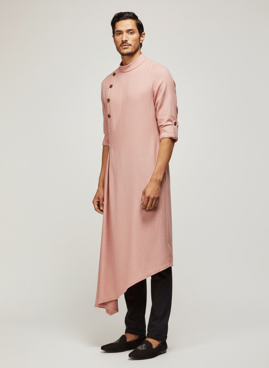Pleated Asymmetric Men's Kurta With Buttons