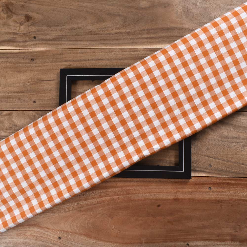Check Orange & White Pure Cotton 93 GSM Handwoven Fabric