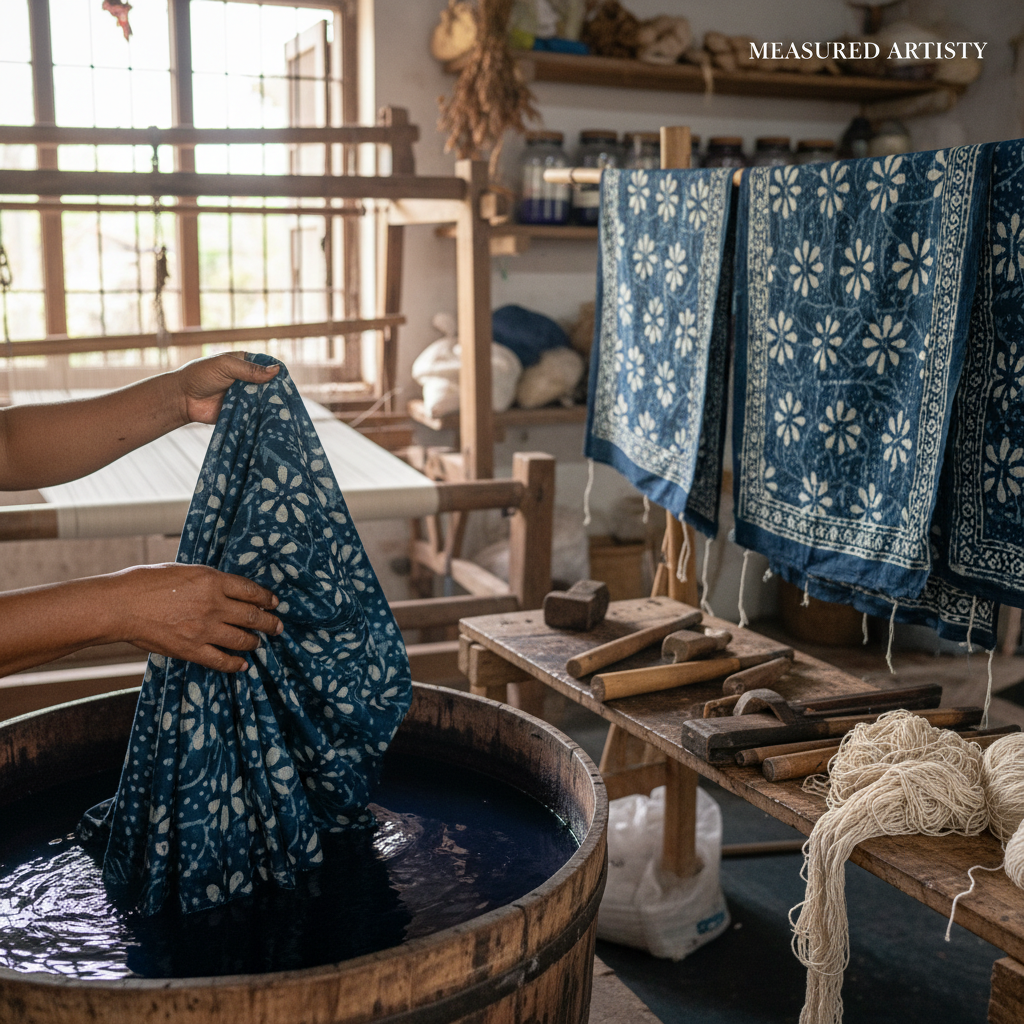 Close up of a wooden block used for Ajrakh printing on textile.