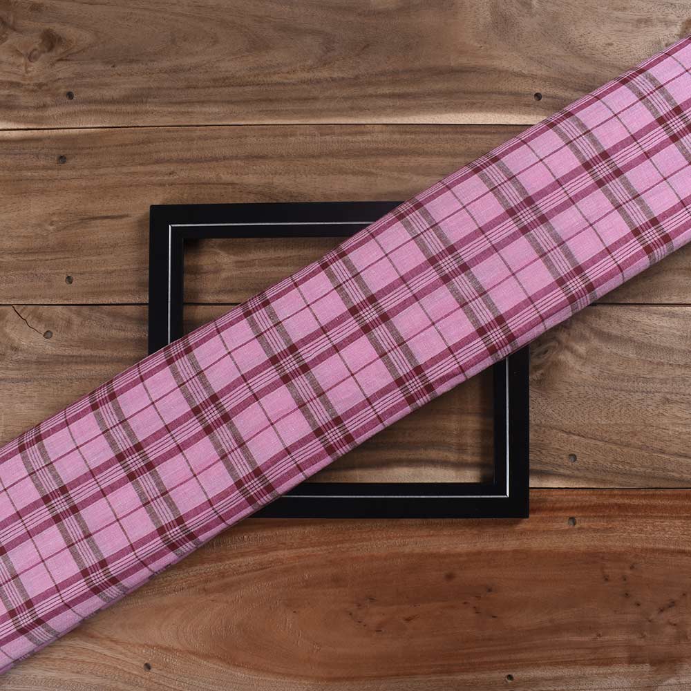 Check Pink & Brown Pure Cotton 102 GSM Handwoven Fabric