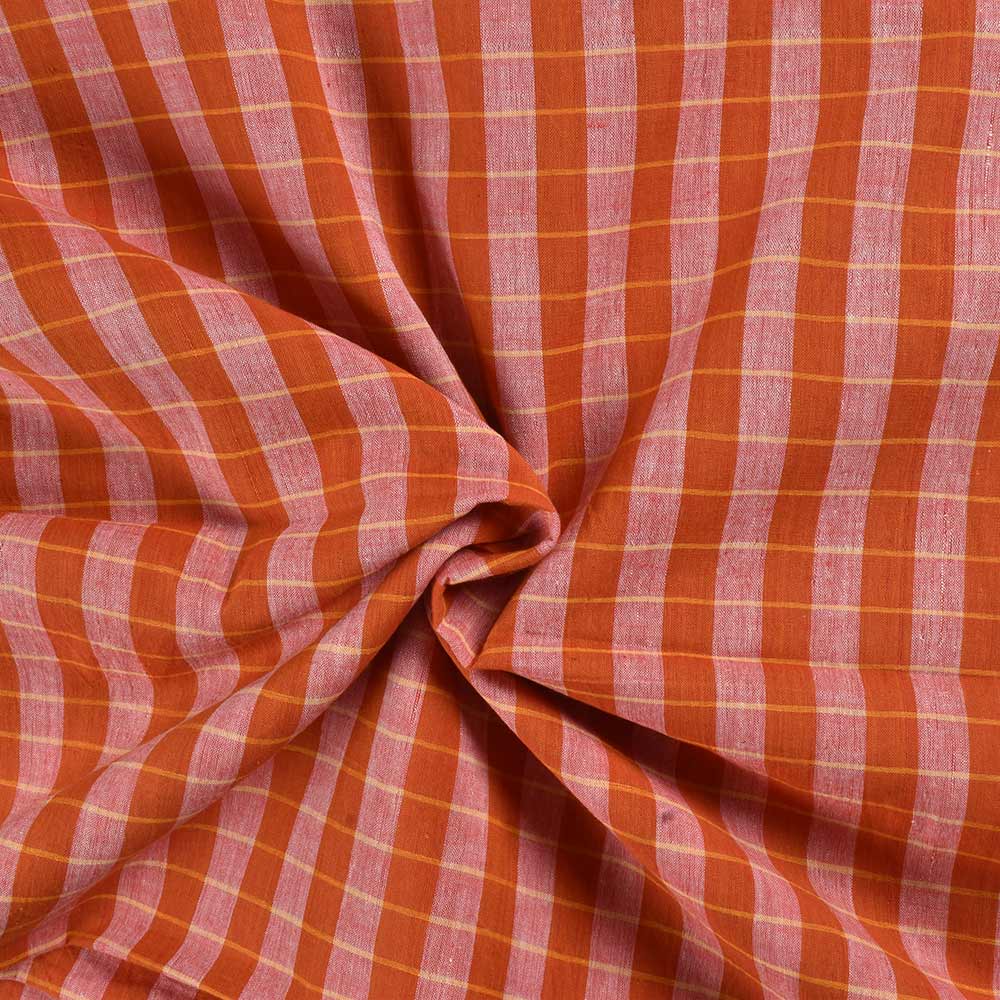 Check Orange & Pink Pure Cotton 66 GSM Handwoven Fabric
