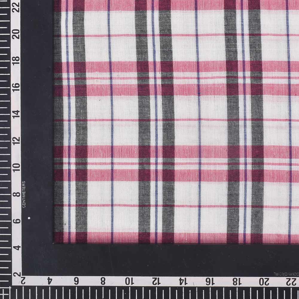 CHECK WHITE PINK & BLACK PURE COTTON 98 GSM HANDWOVEN FABRIC