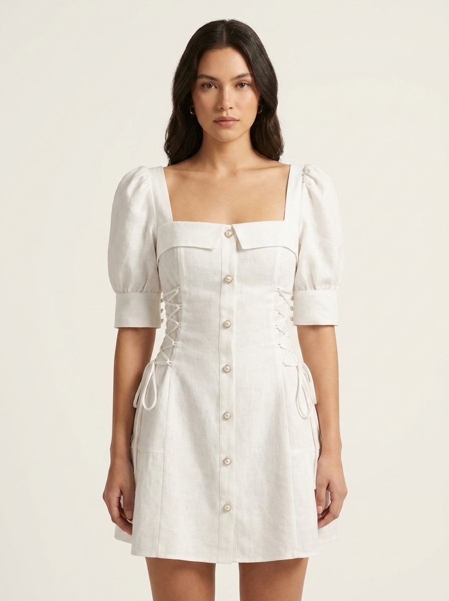 Pleats, Buttoned & Ties Short Dress
