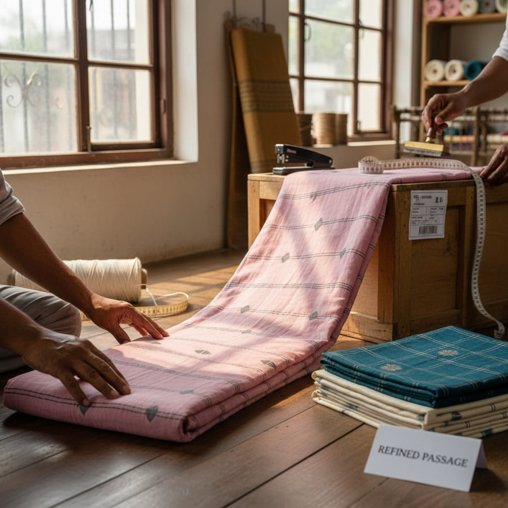 Packed jamdani fabric rolls prepared for international shipping and export