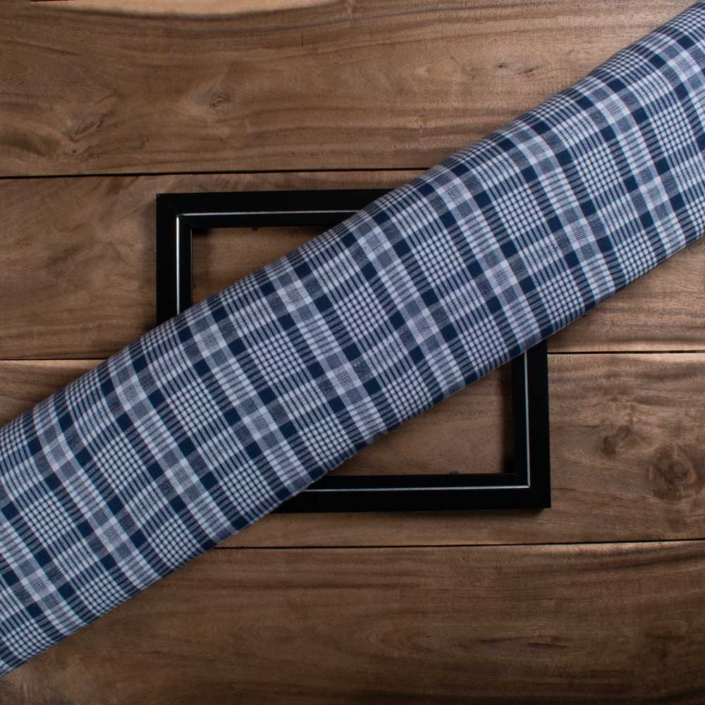 Navy Blue & White Check Pure Cotton 100 GSM Handwoven Fabric