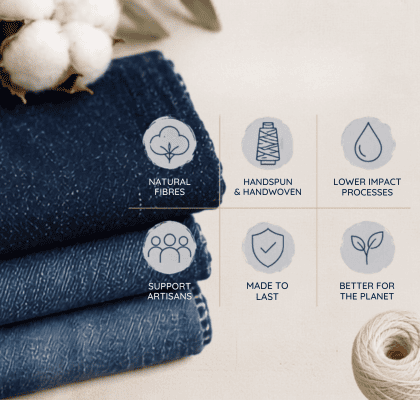 Sustainable denim fabric with organic cotton, handspun yarn and handloom weaving