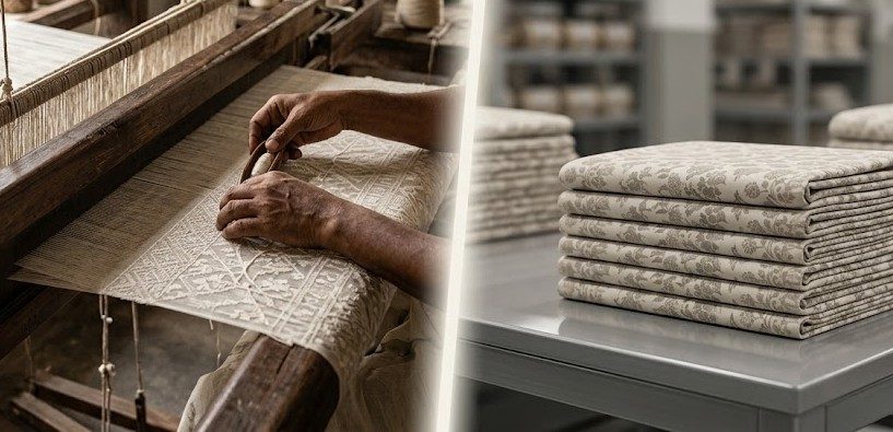 Comparison of authentic handwoven Jamdani on a traditional loom and machine-made fabric, showcasing the contrast in weaving techniques and finish.