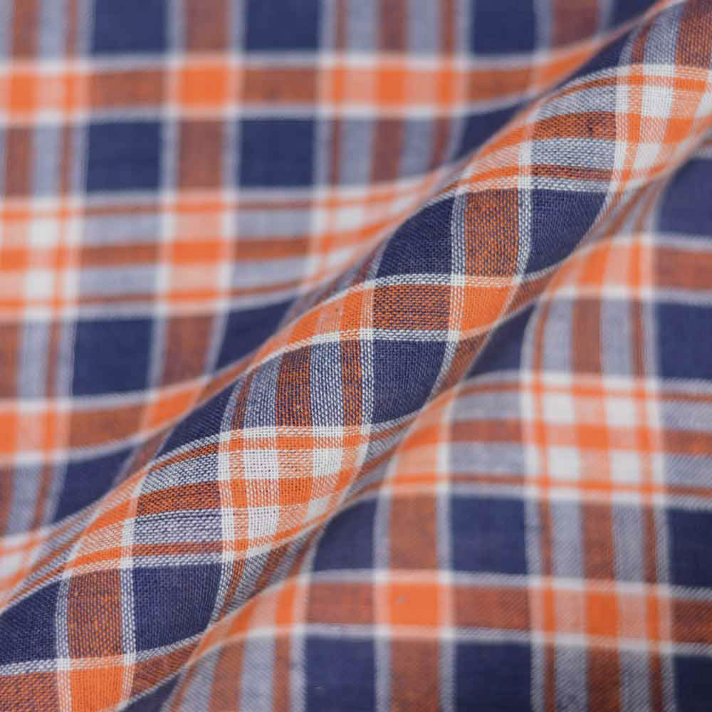 CHECK ORANGE & BLUE PURE COTTON 92 GSM HANDWOVEN FABRIC