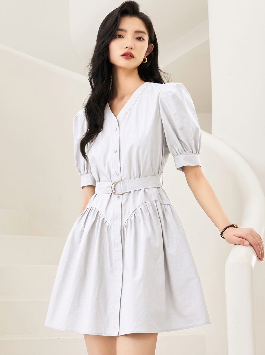 Arched Pleats Dress With Gathered Sleeves