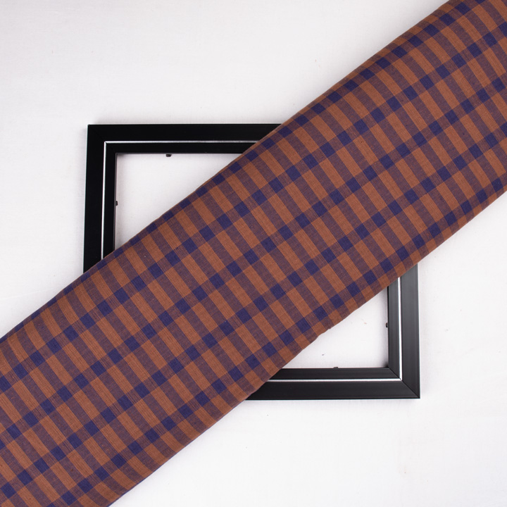 Check Blue & Brown Pure Cotton 98 GSM Handwoven Fabric