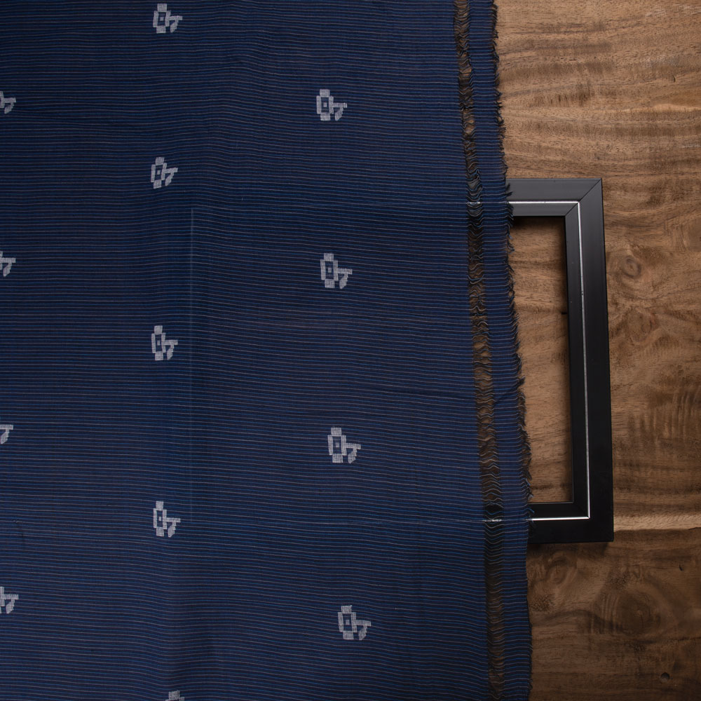 GEOMETRIC STRIPE BLUE JAMDANI PURE COTTON 55 GSM HANDWOVEN FABRIC