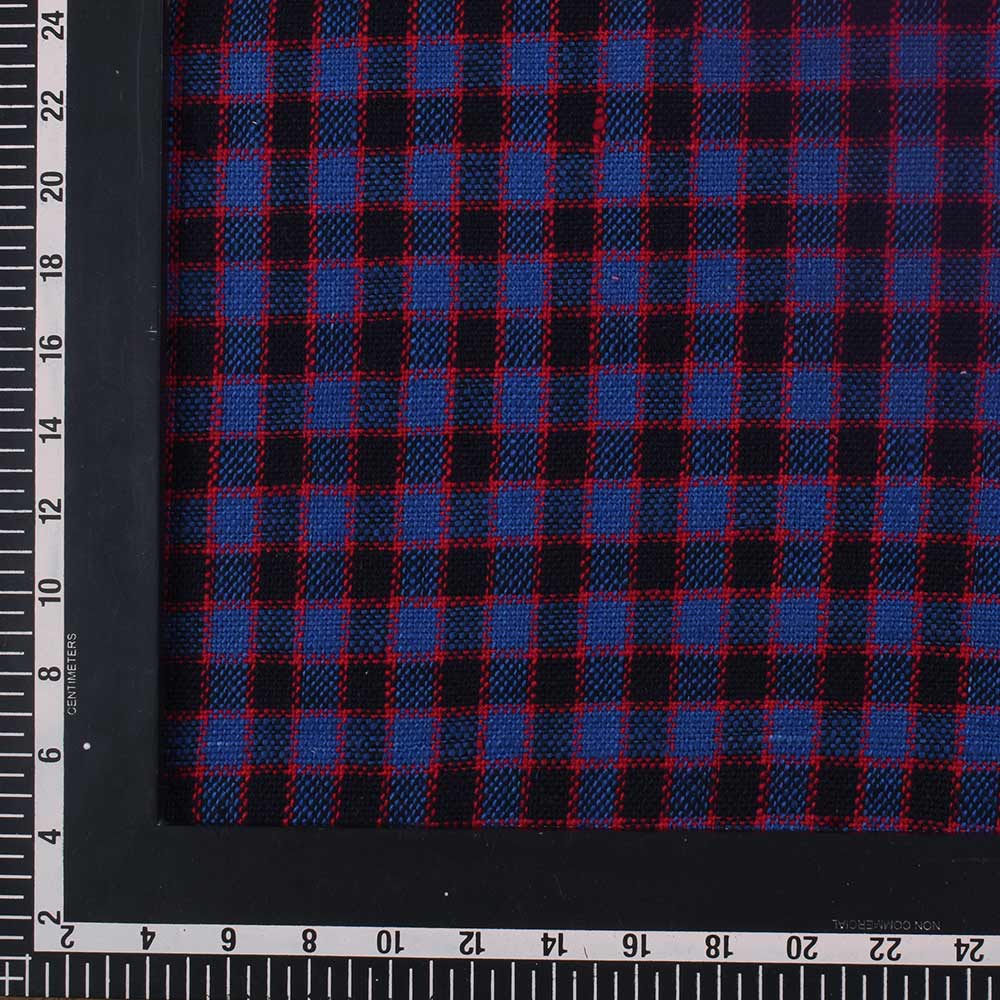 CHECK RED BLUE & BLACK KHADI FABRIC - 282 GSM HANDSPUN & HANDWOVEN