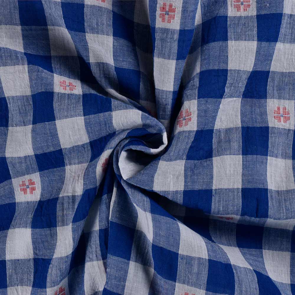 Geometric Check Blue White Jamdani Pure Cotton 68 GSM Handwoven Fabric