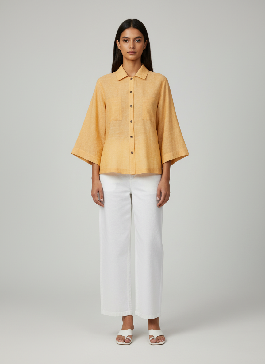 Spread Collared Shirt With Center Placket- Bell Sleeves