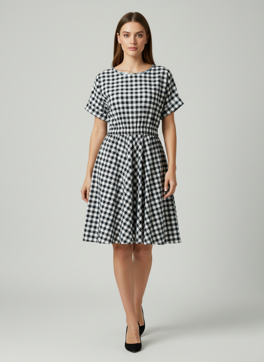 Monochrome Checks Dress with Elastic Belt