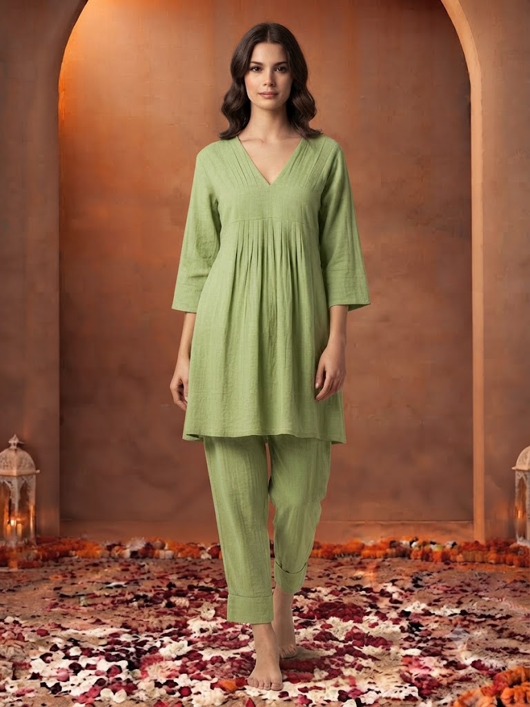 V Neck Pleated Co-ord Set