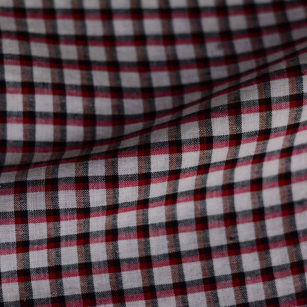 CHECK BLACK MAROON & BROWN PURE COTTON 97 GSM HANDWOVEN FABRIC