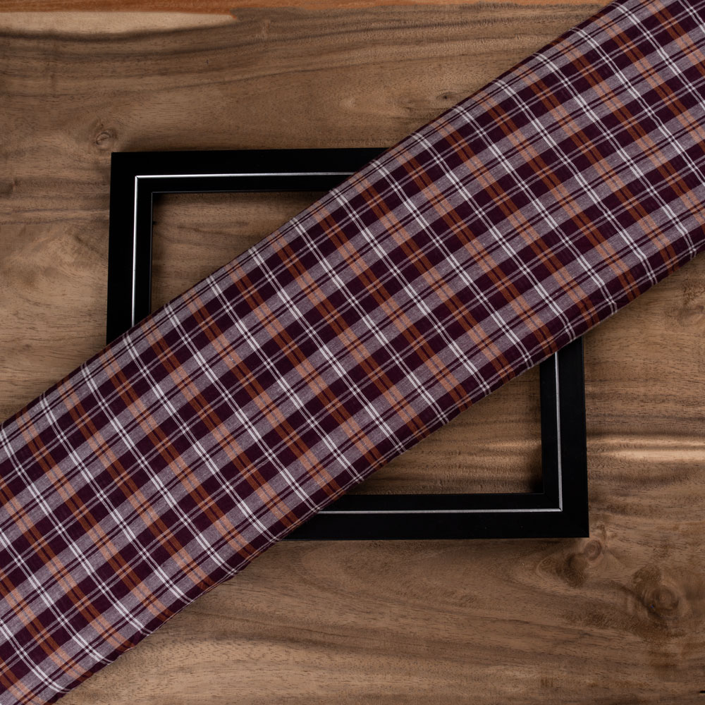 Check Deep Plum & Orange Pure Cotton 70 GSM Handwoven Fabric