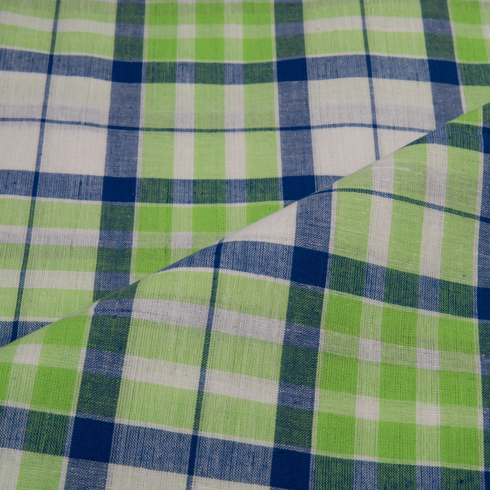 CHECK BLUE GREEN & WHITE PURE COTTON 95 GSM HANDWOVEN FABRIC