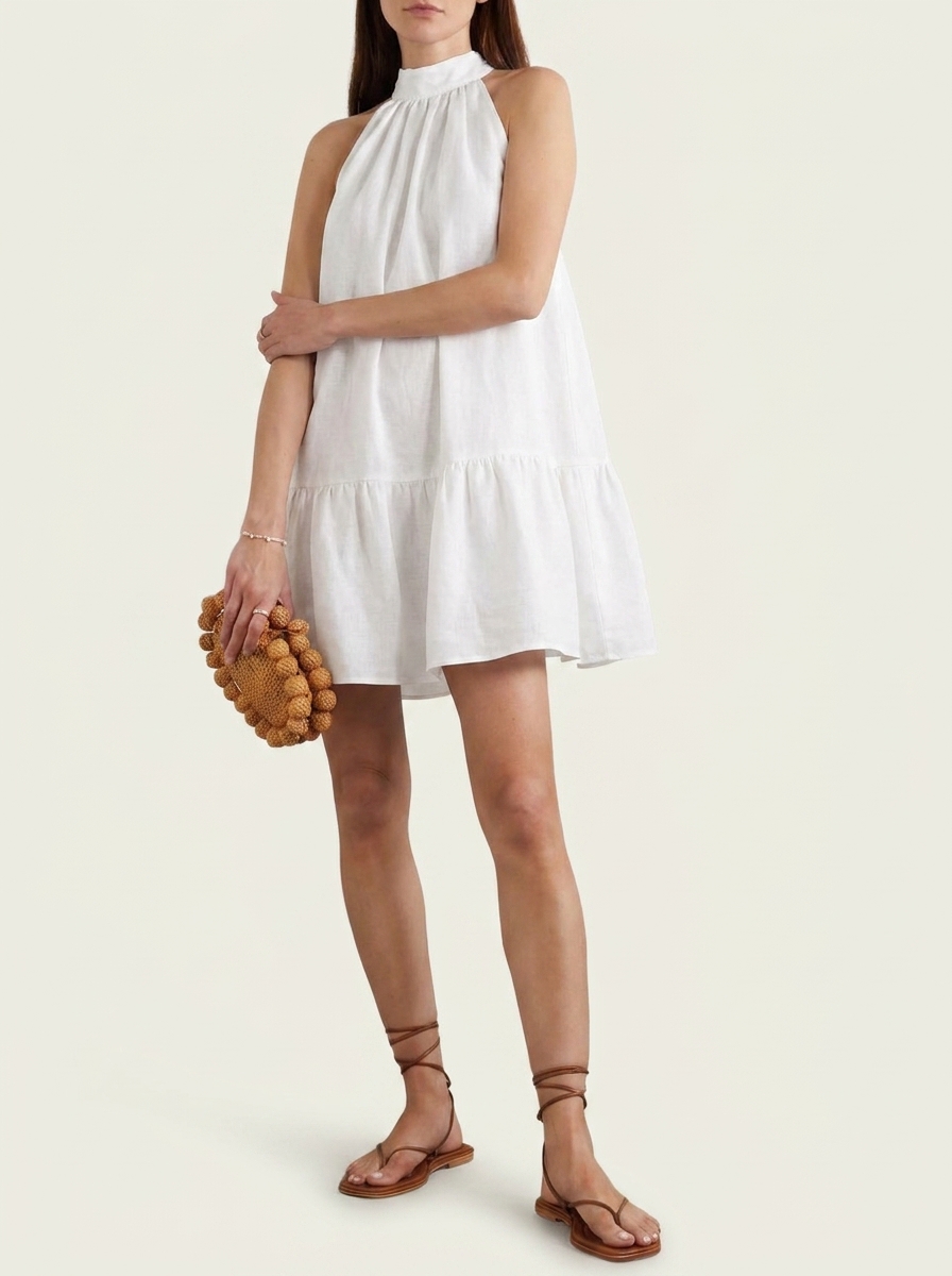 Gathered Shift Dress With Back Tie & Halter Neck