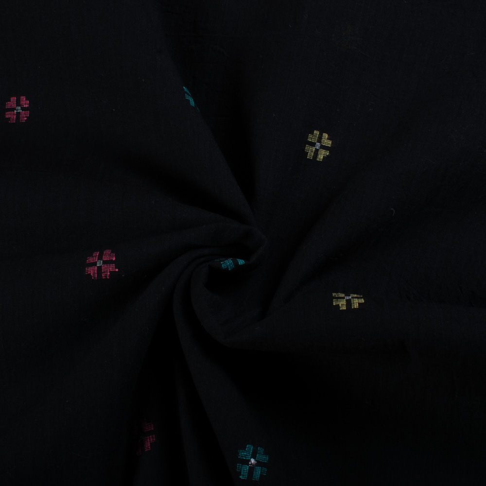 Black Base Geometric Pure Cotton 55 GSM Handwoven Jamdani Fabric