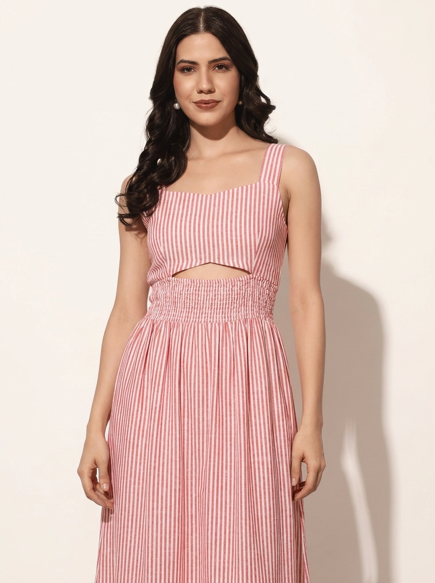 Gathered Knee Length Dress With Waist Cutout