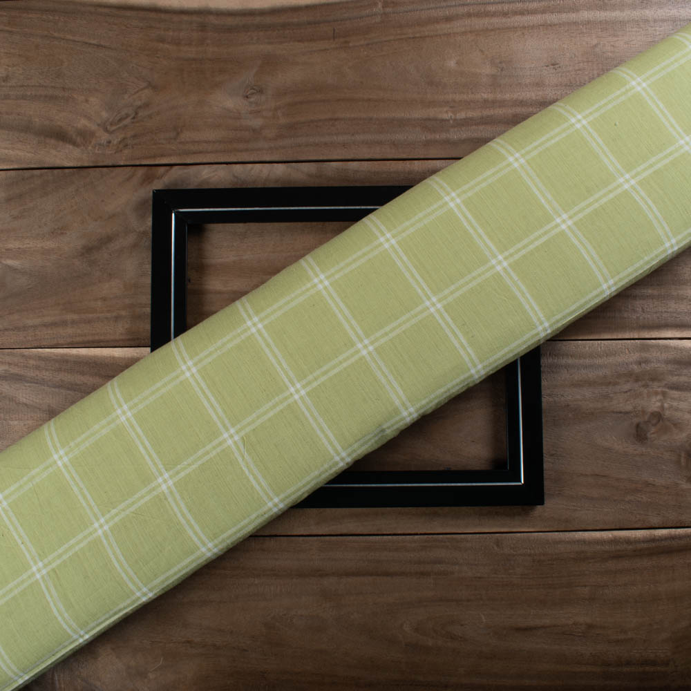 Lemon Green & White Check Pure Cotton 95 GSM Handwoven Fabric