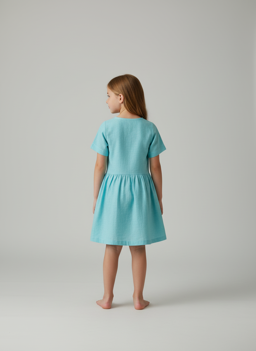 Basic Dress With Front Placket- Short Sleeves- Round Collar