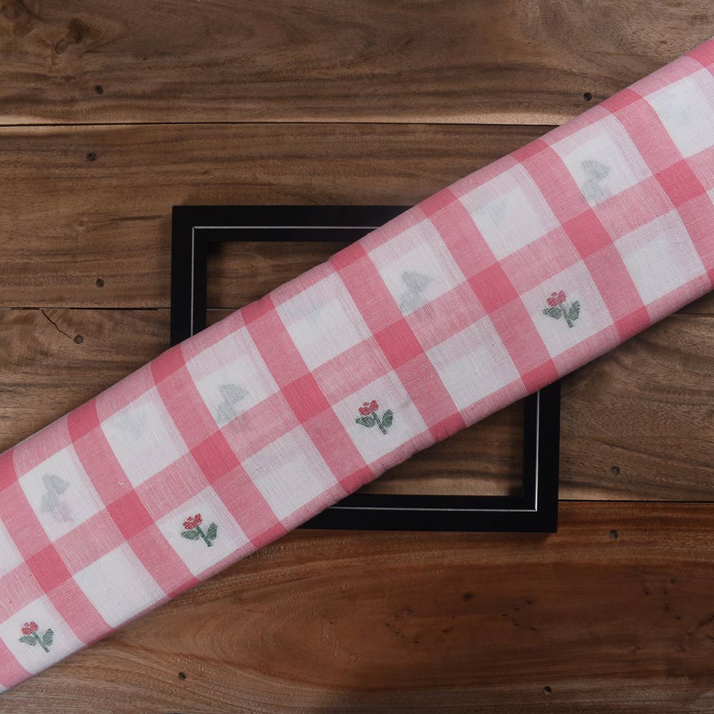 Floral Check Pink & Blue Jamdani Pure Cotton 104 GSM Handwoven Fabric