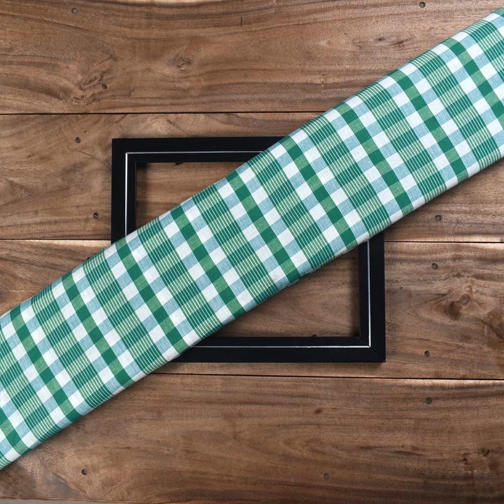Check Green & White Pure Cotton 88 GSM Handwoven Fabric 394