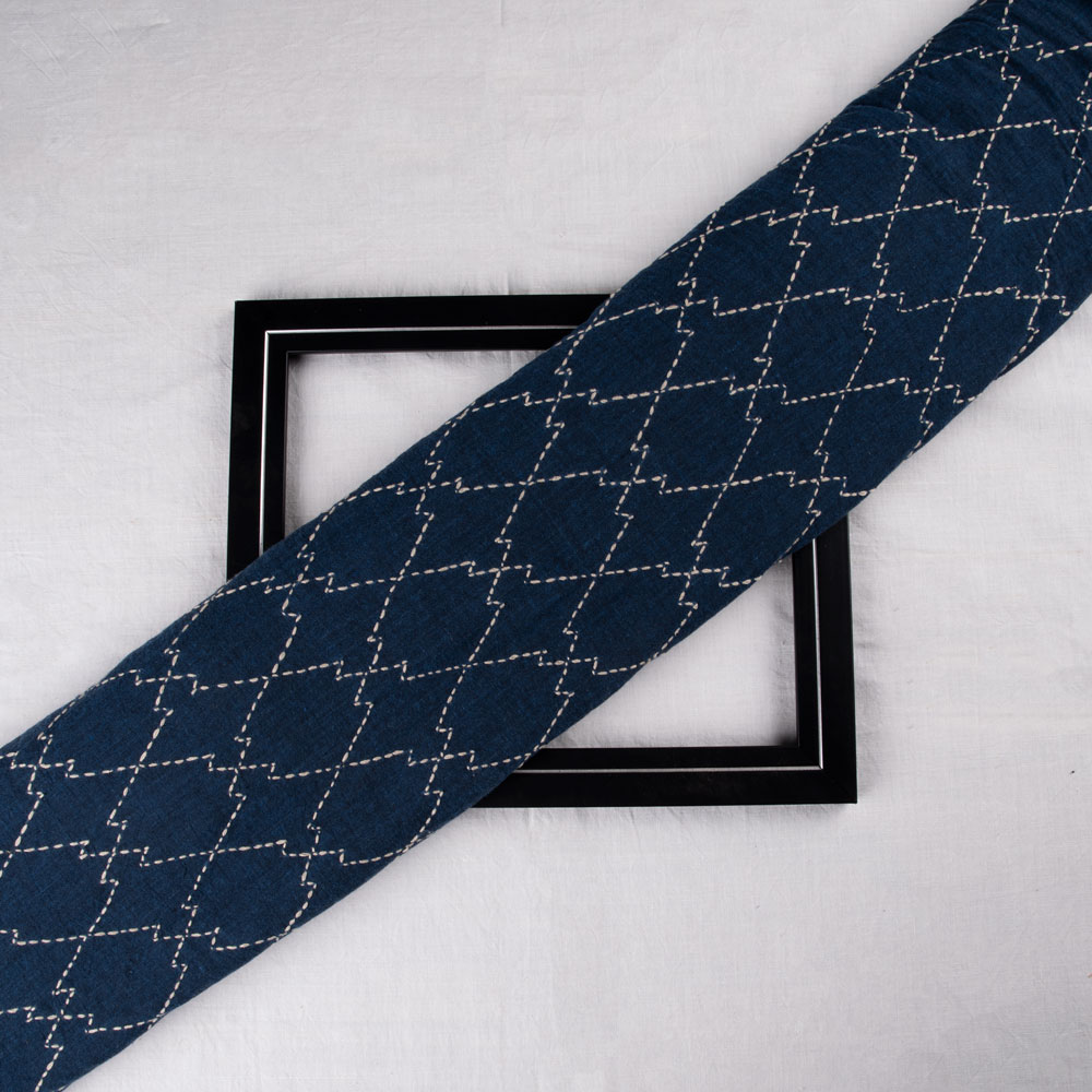 Pure cotton fabric with Kantha embroidery in a geometric pattern