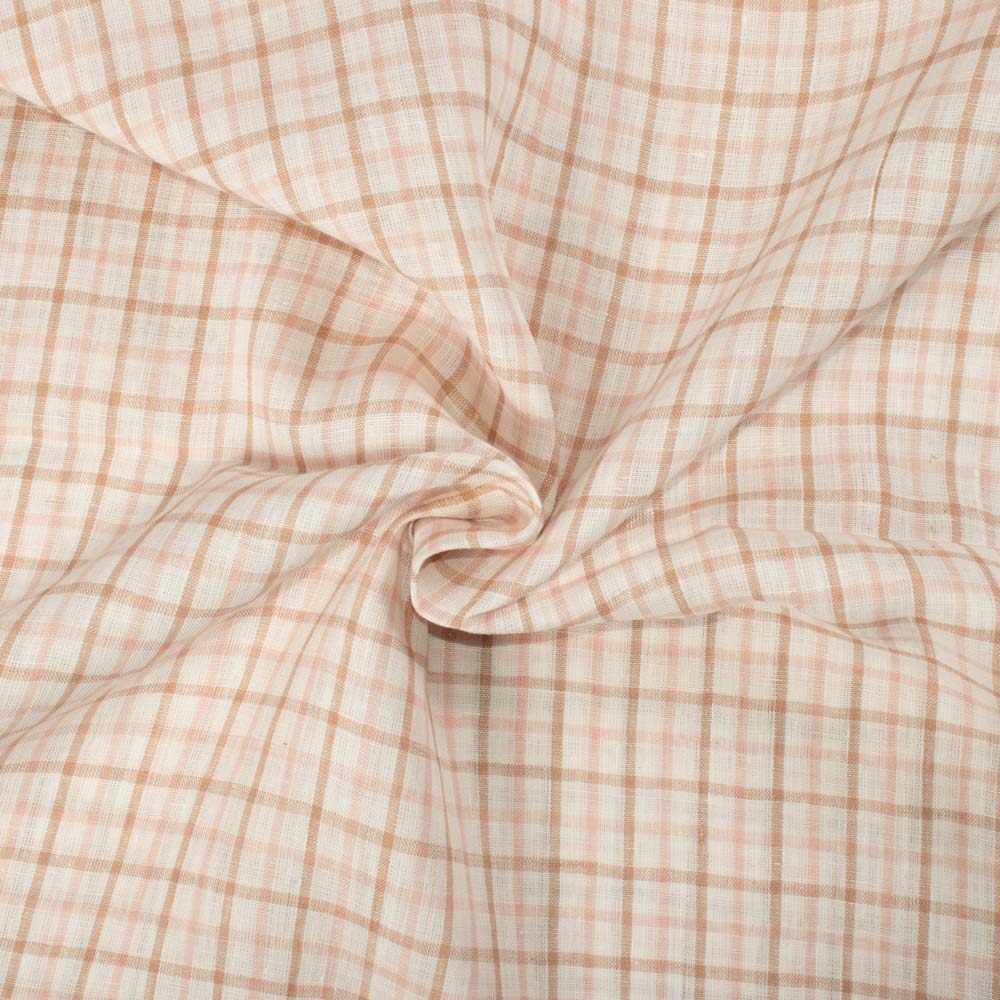 Check Multicolor Cream Pink Brown Linen Cotton 140 GSM Handwoven Fabric