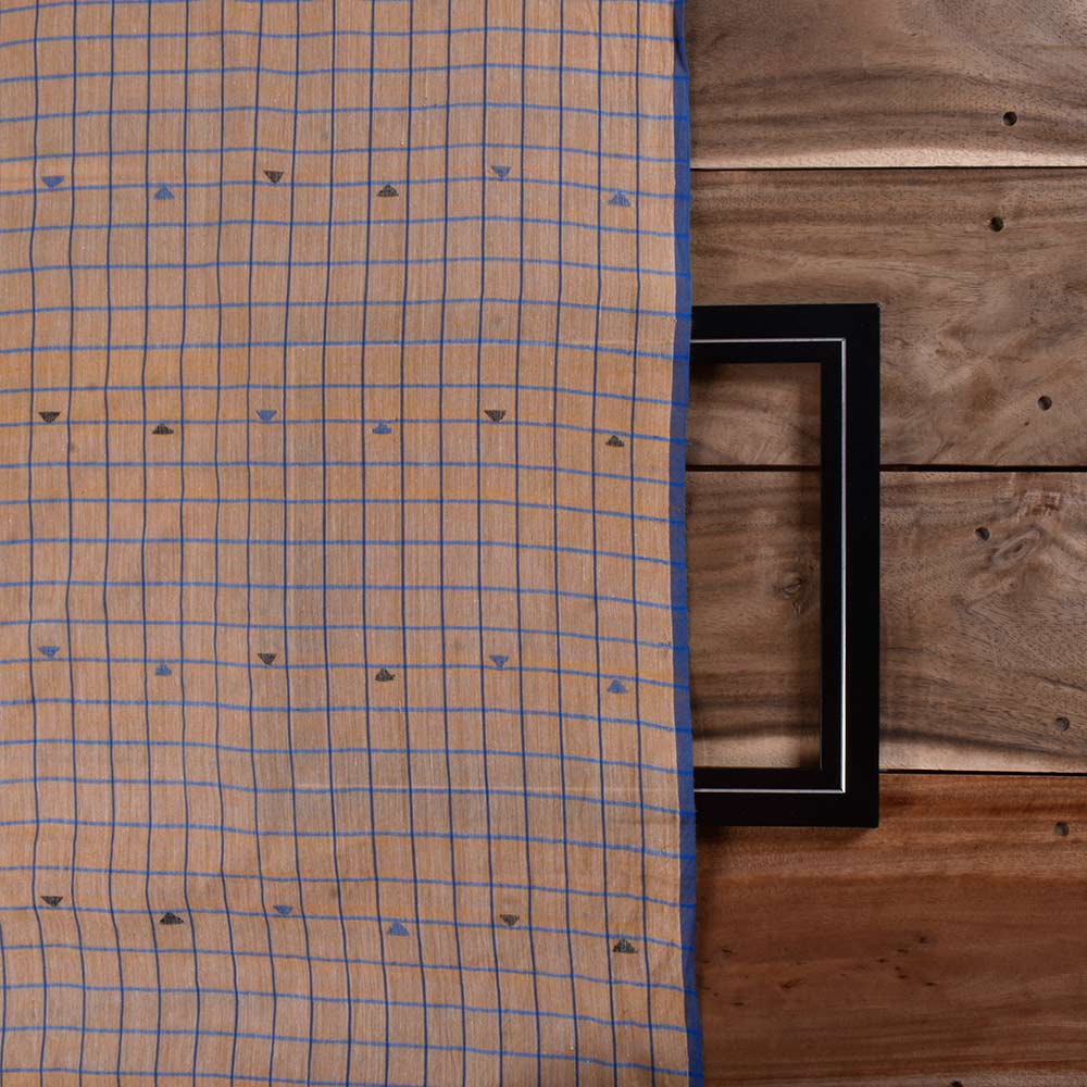 GEOMETRIC CHECK ORANGE & BLUE JAMDANI PURE COTTON 54 GSM HANDWOVEN FABRIC