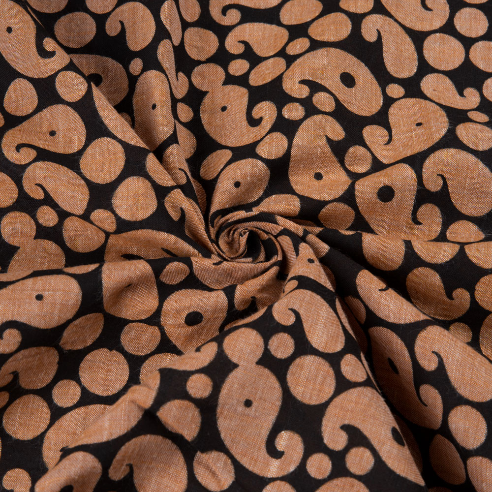 Paisley Brown & Black Screenprinted Cotton Khadi 80 GSM Handwoven Fabric