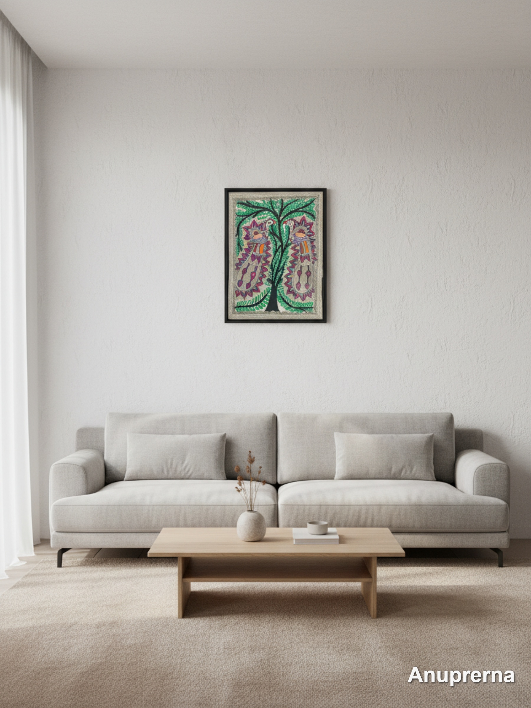 Two Peacocks On A Tree Madhubani Wall Art Painting