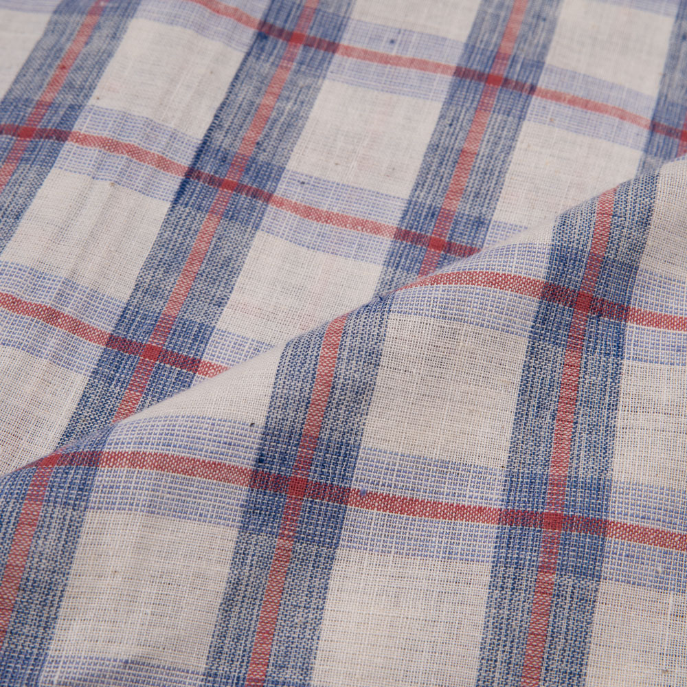 CHECK WHITE BLUE & RED KHADI COTTON 100 GSM HANDWOVEN FABRIC